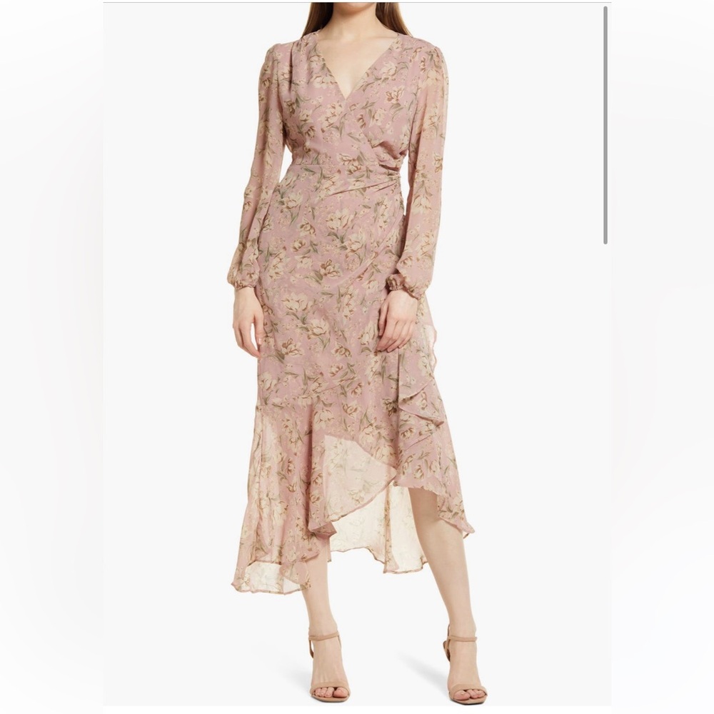FLORET STUDIOS Floral Surplice Long Sleeve Midi Dress